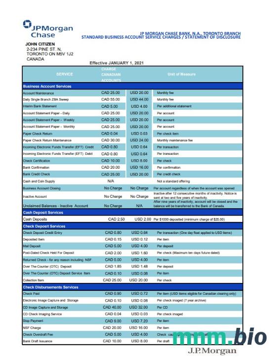 USA JP Morgan Chase szablon wyciągu bankowego w .xls i .format pliku pdf, 2 strony